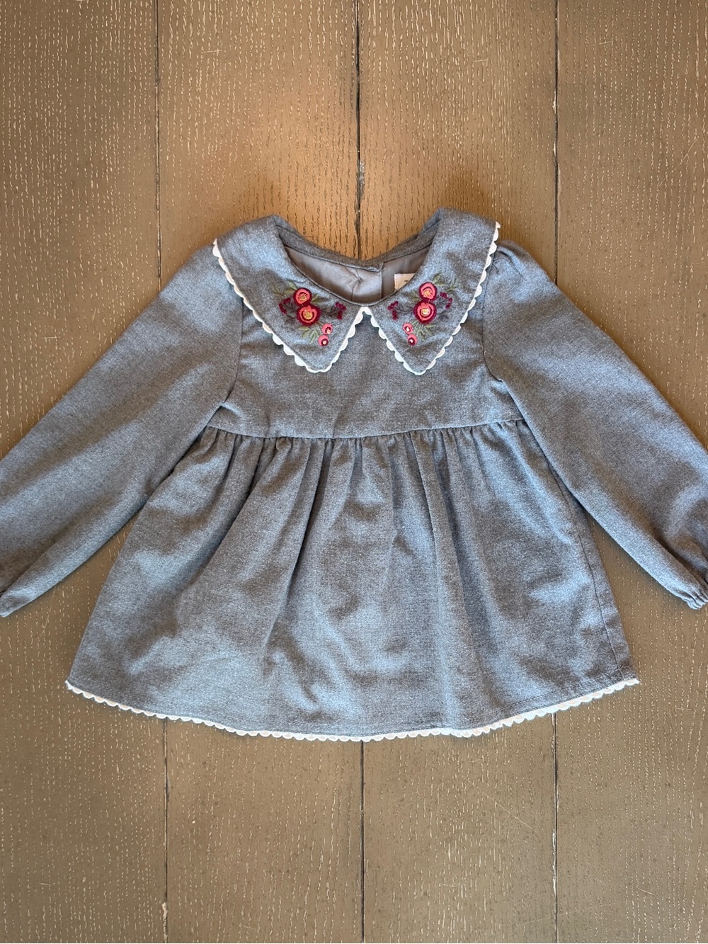 Tahari Girls’ Long-Sleeve Floral Peter Pan Collar Ric Rac Wool Dress • Size 24M